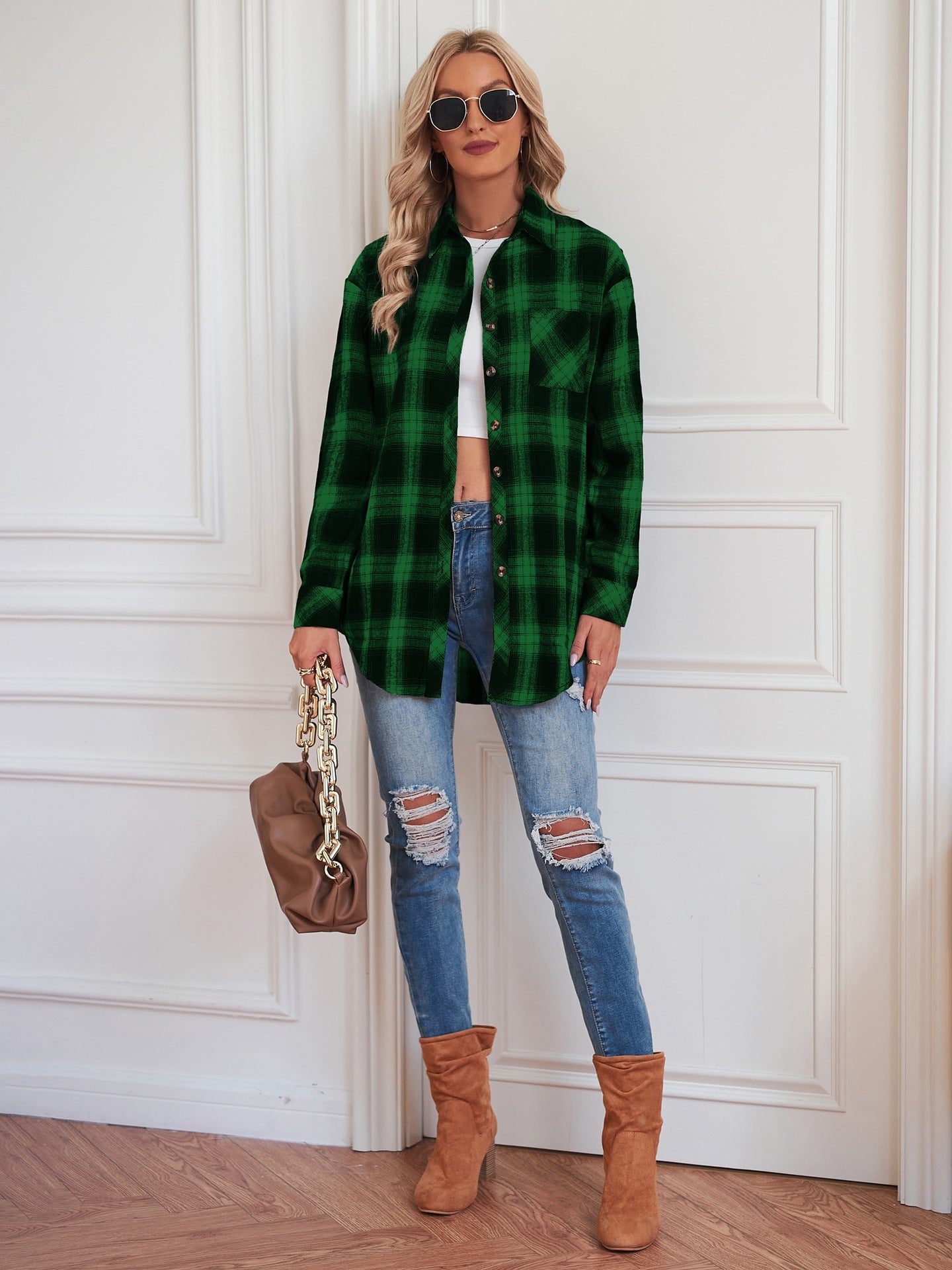 European and American Style Collared Plaid Shirt