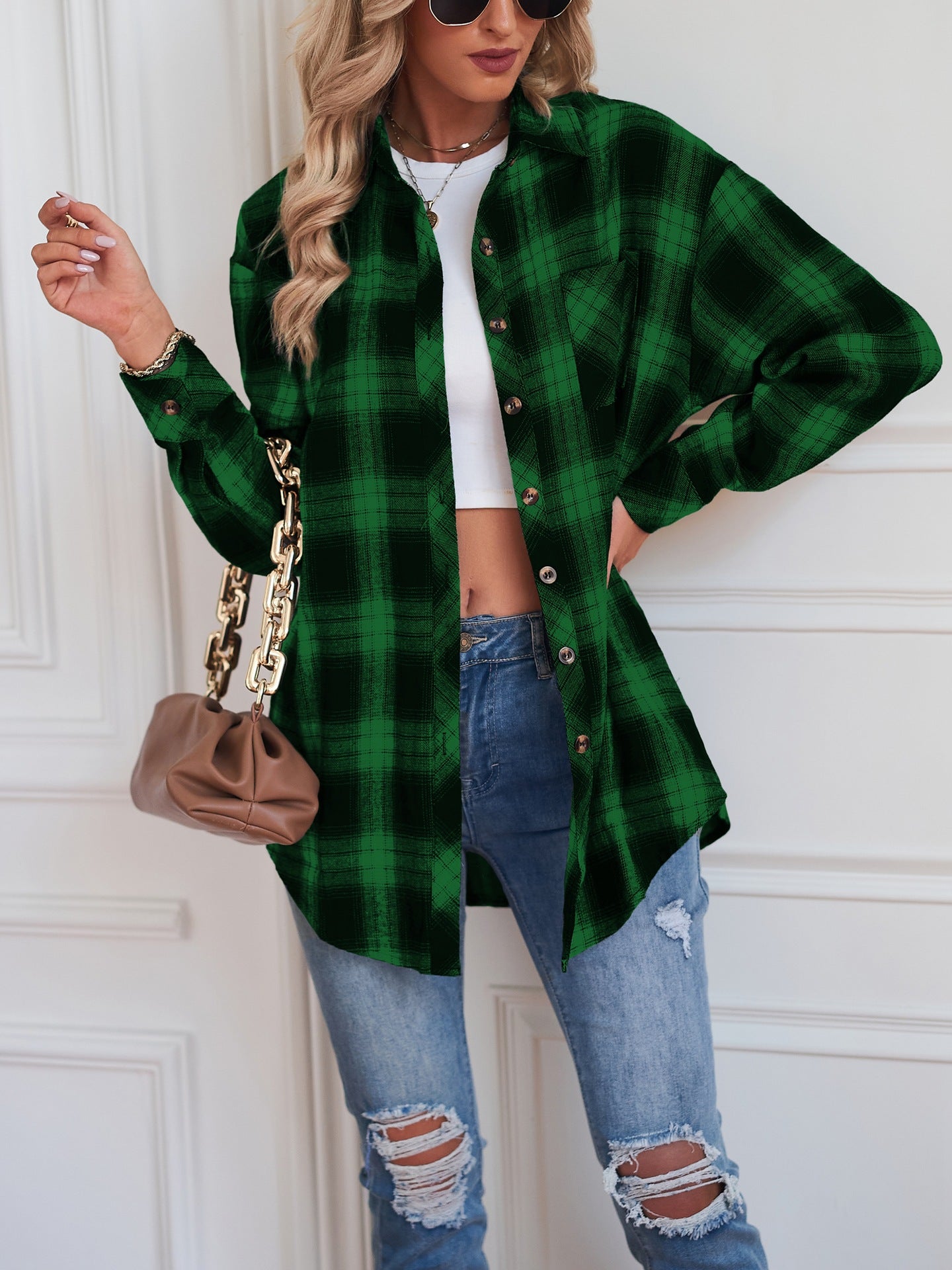 European and American Style Collared Plaid Shirt