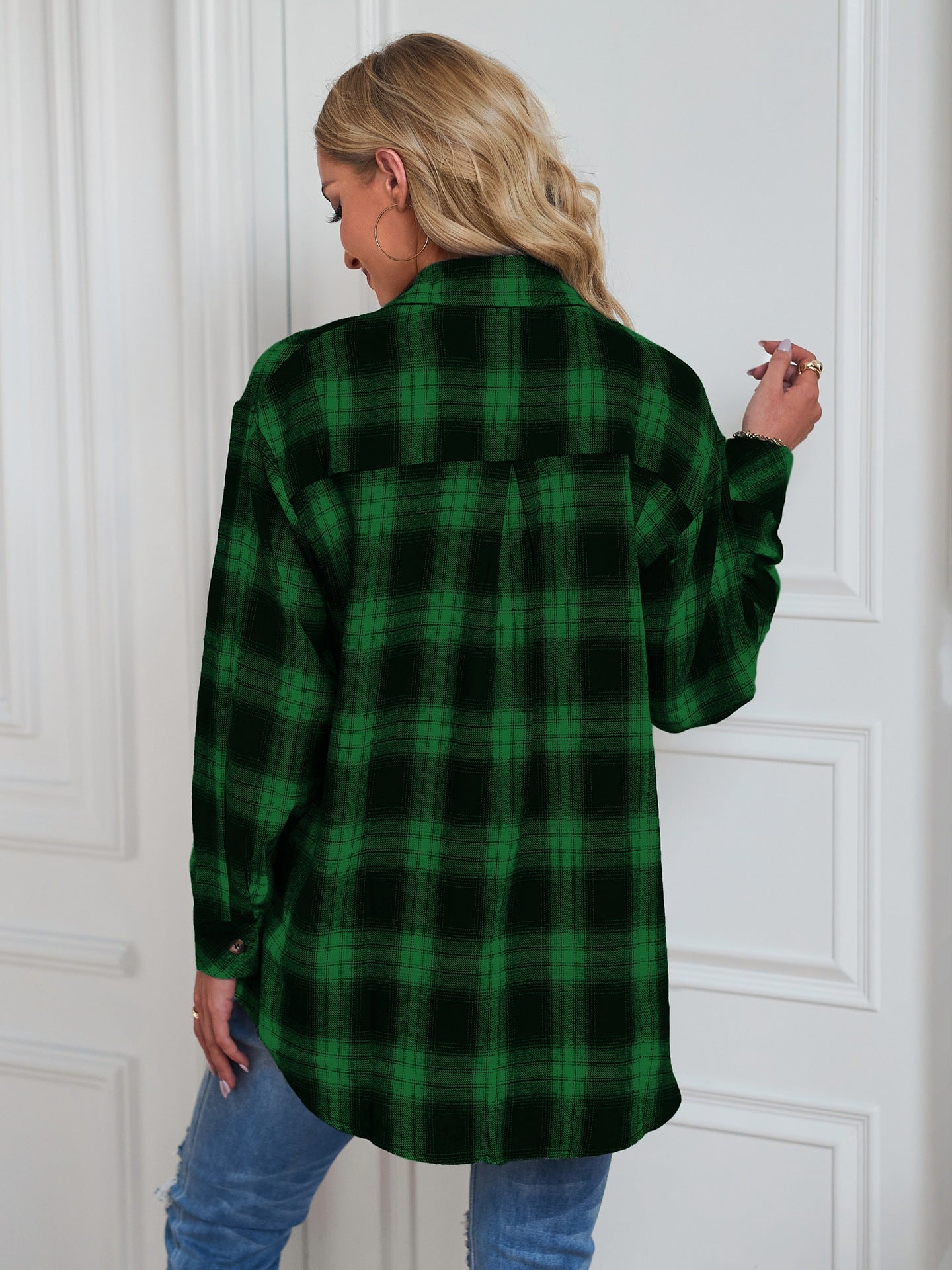 European and American Style Collared Plaid Shirt