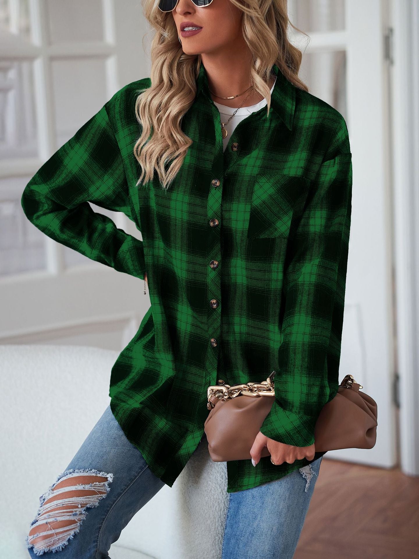 European and American Style Collared Plaid Shirt