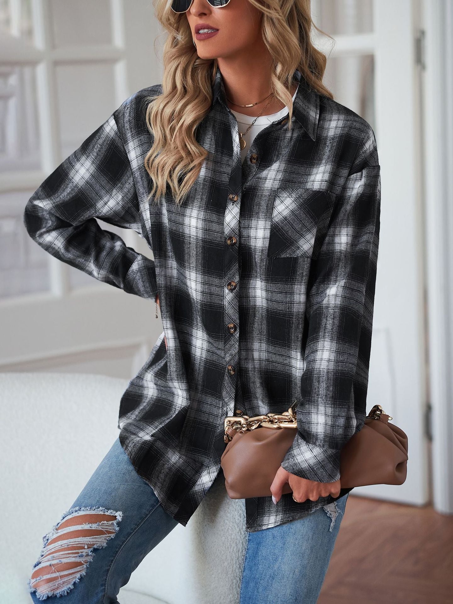 European and American Style Collared Plaid Shirt