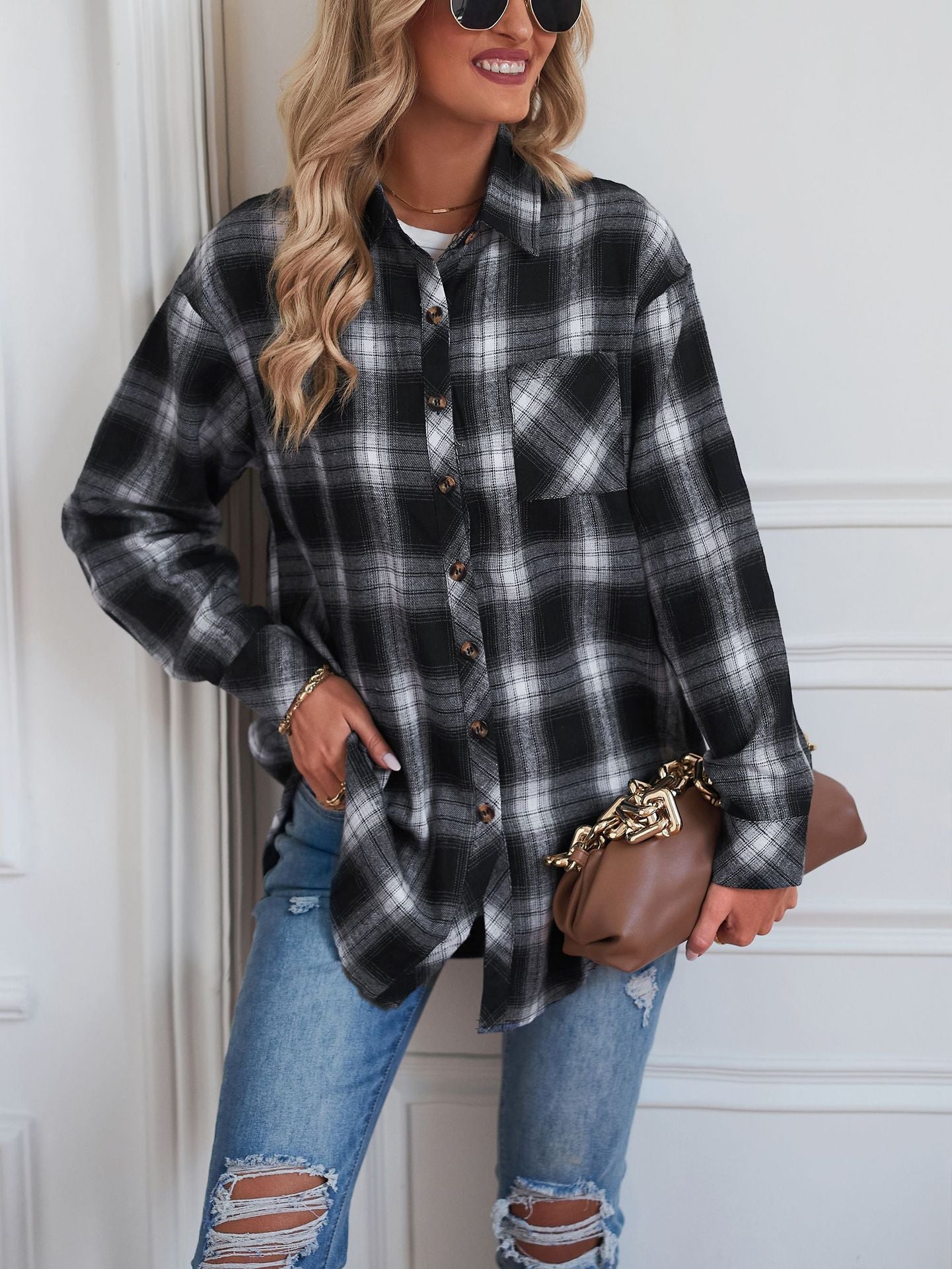 European and American Style Collared Plaid Shirt