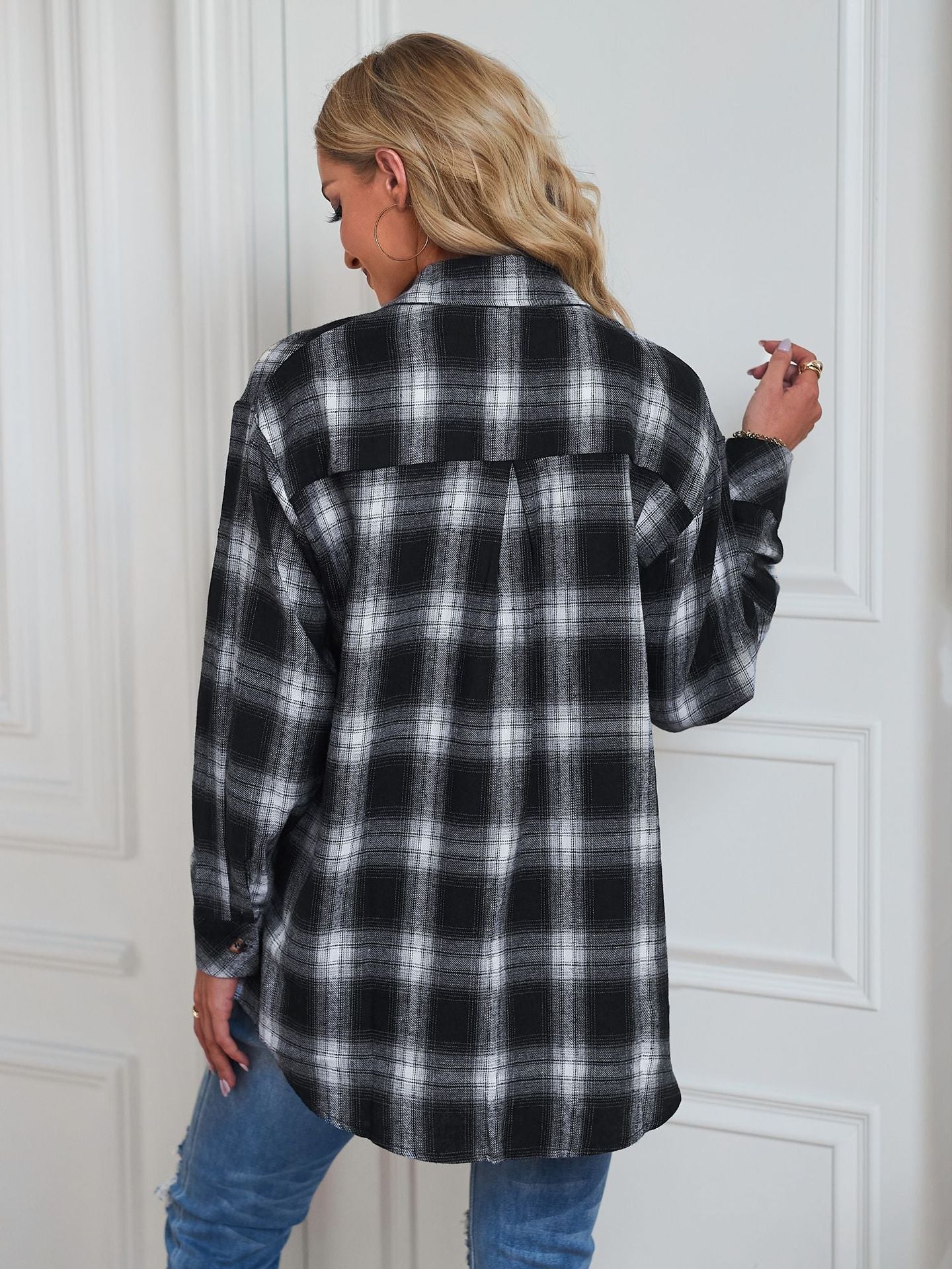 European and American Style Collared Plaid Shirt
