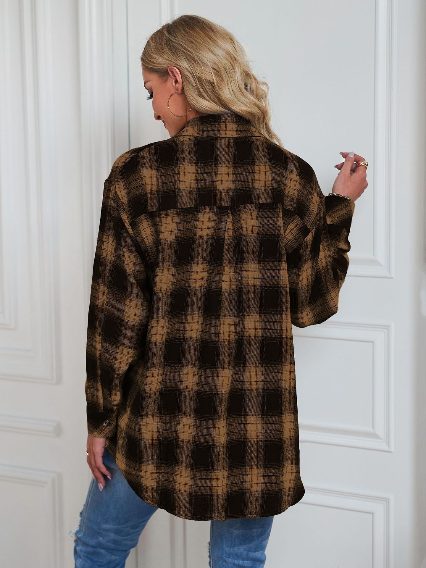 European and American Style Collared Plaid Shirt