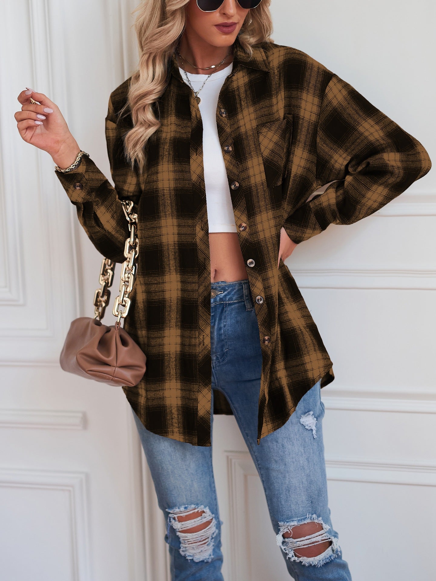 European and American Style Collared Plaid Shirt