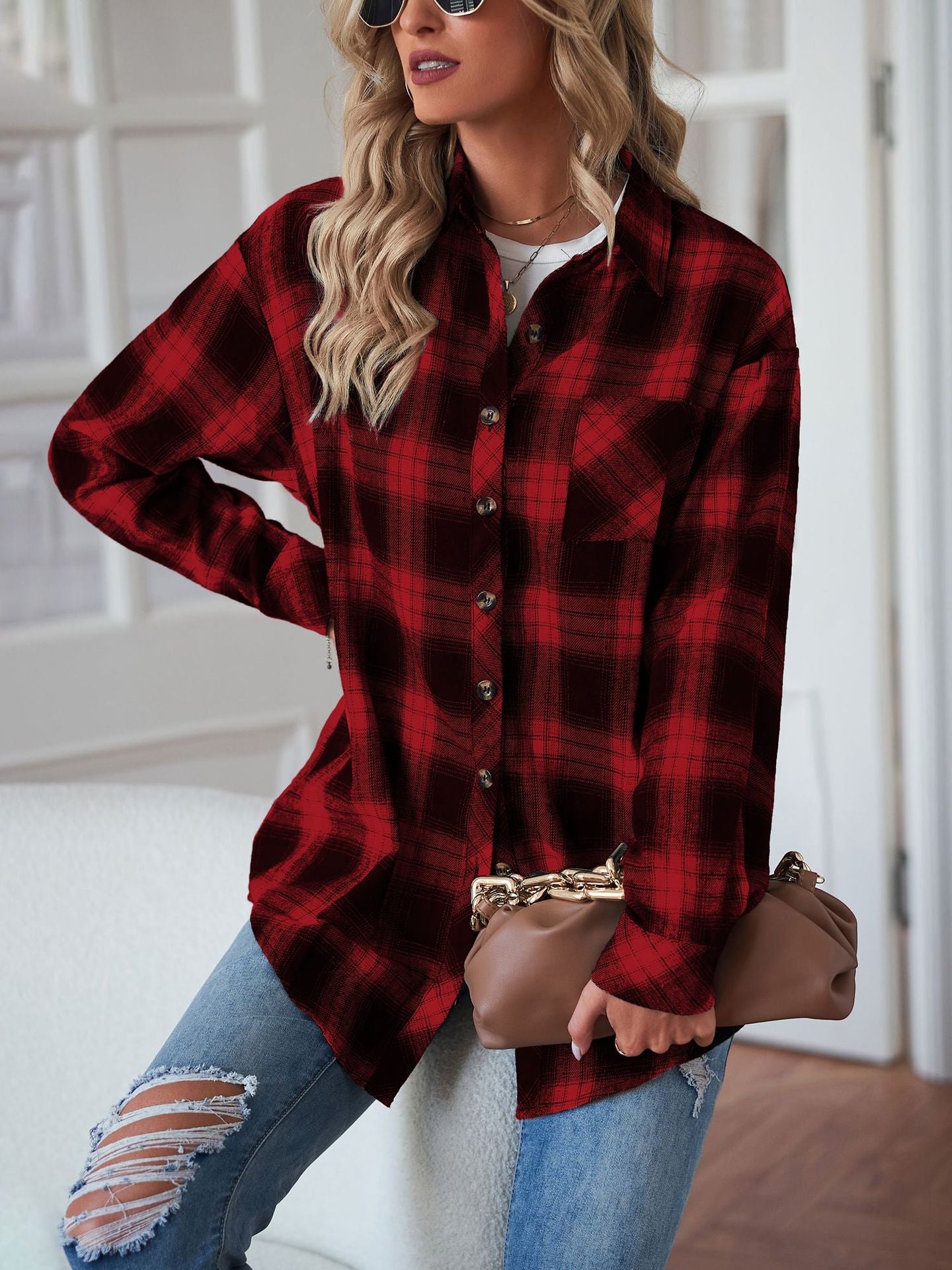 European and American Style Collared Plaid Shirt