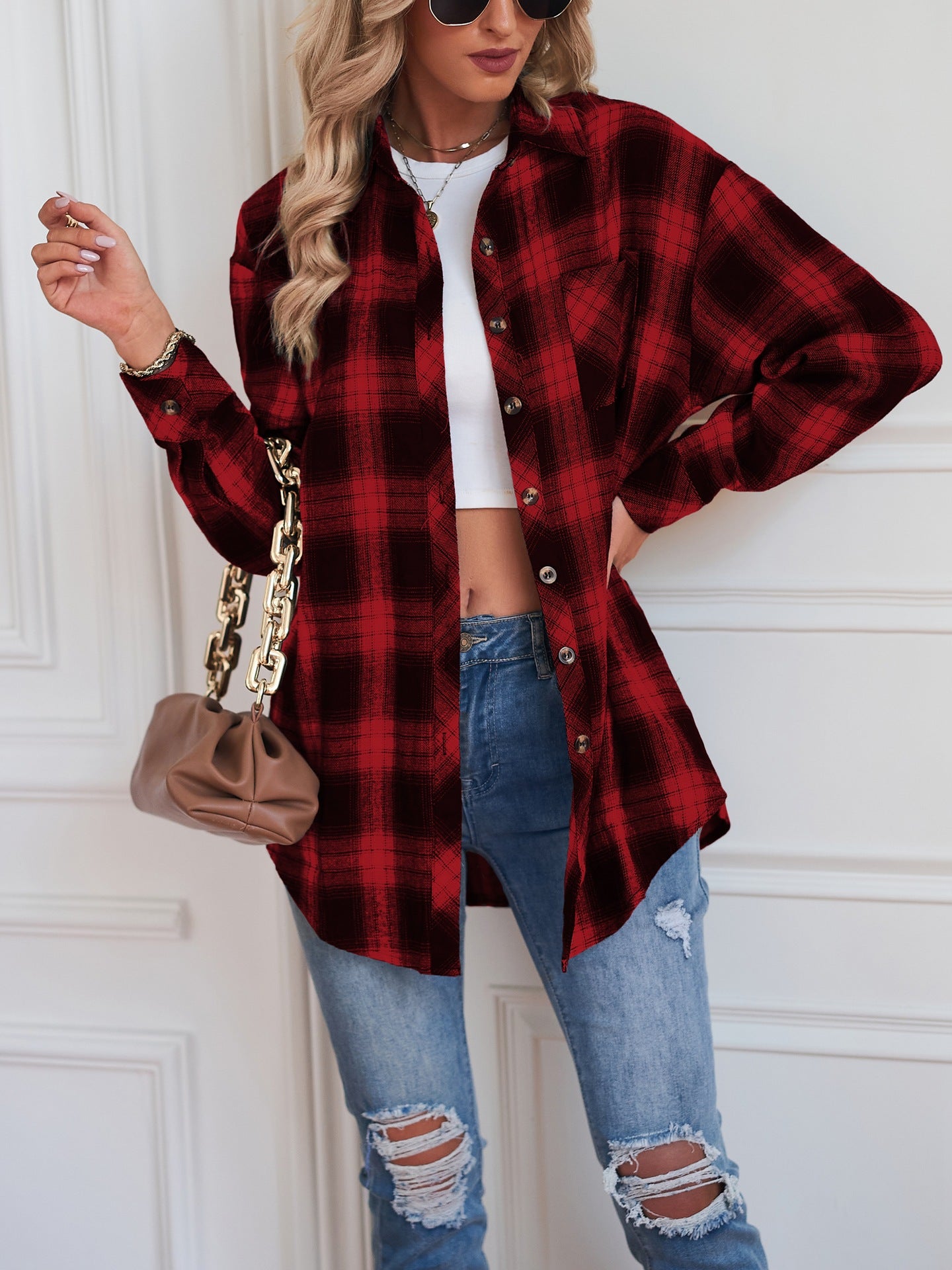 European and American Style Collared Plaid Shirt