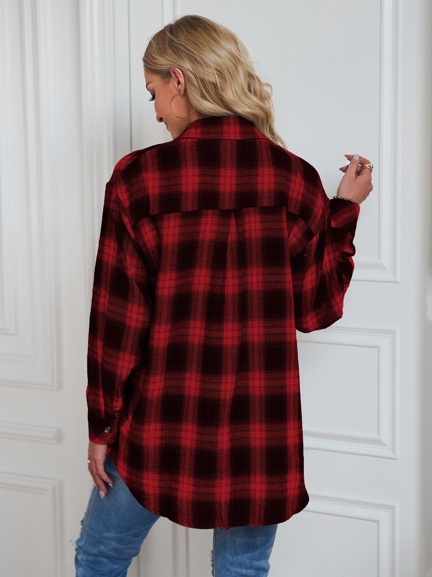 European and American Style Collared Plaid Shirt