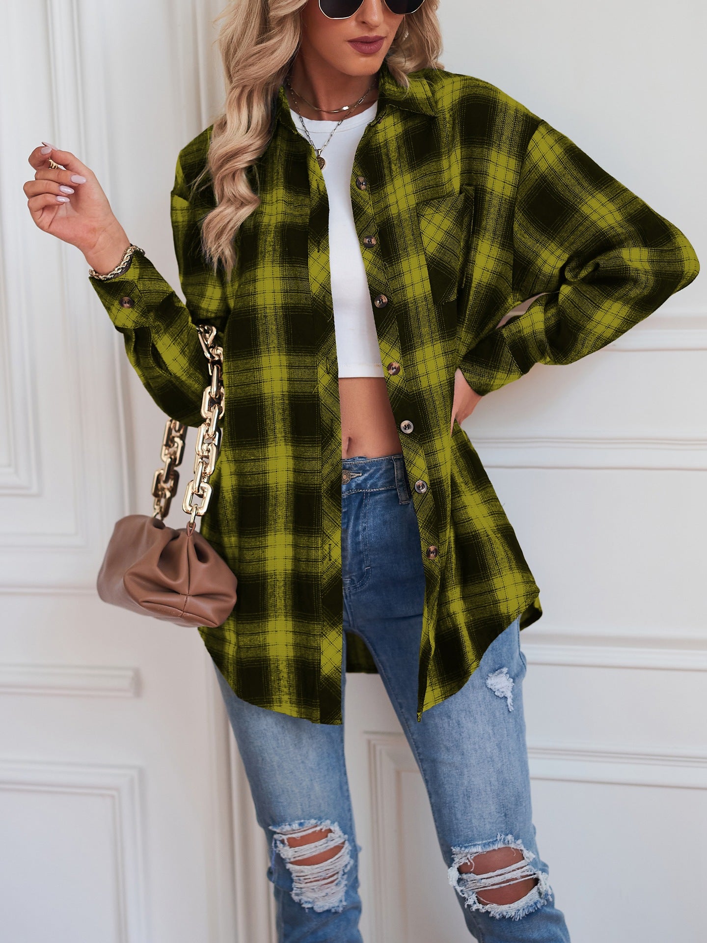 European and American Style Collared Plaid Shirt
