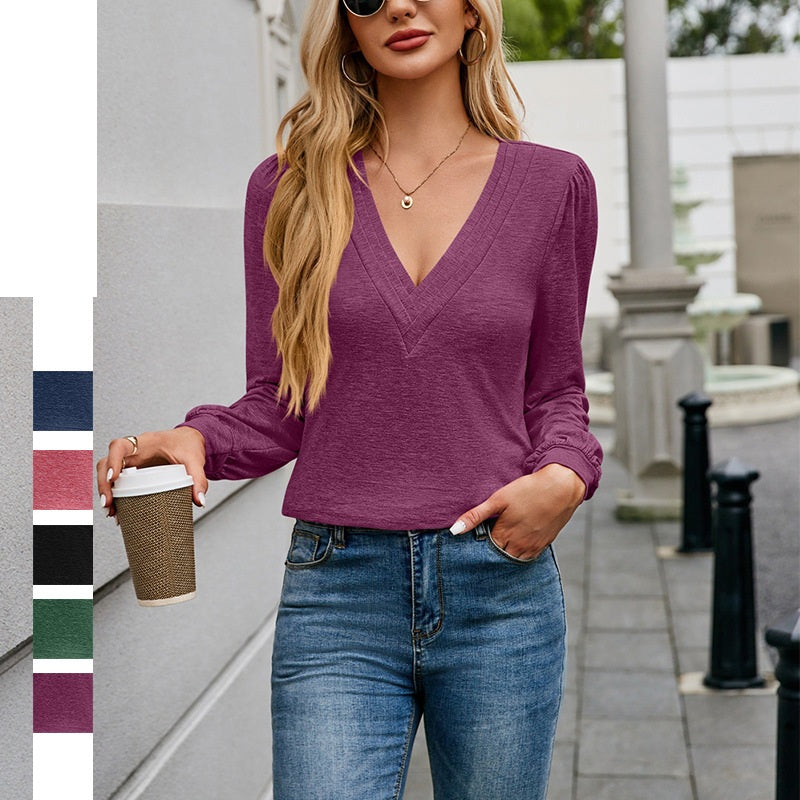 V-Neck Solid Color Long-Sleeve T-Shirt