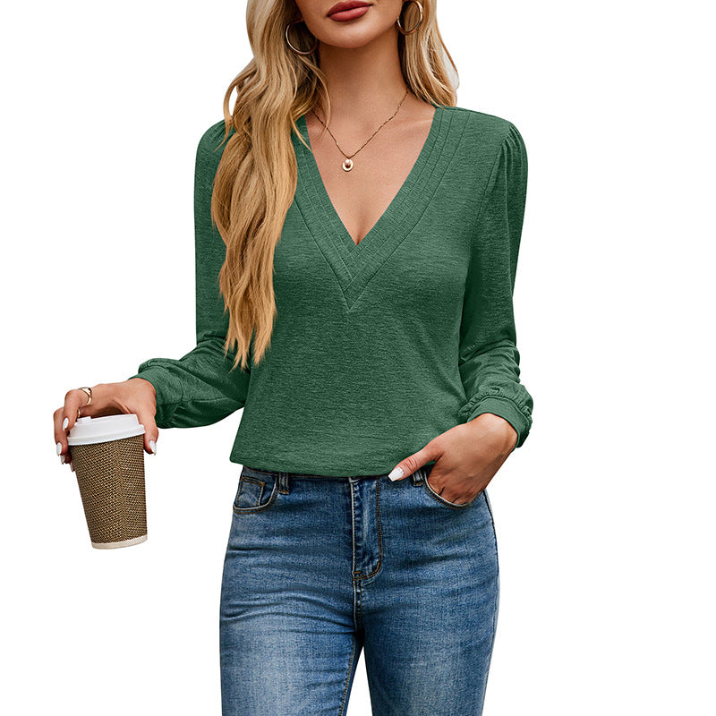 V-Neck Solid Color Long-Sleeve T-Shirt