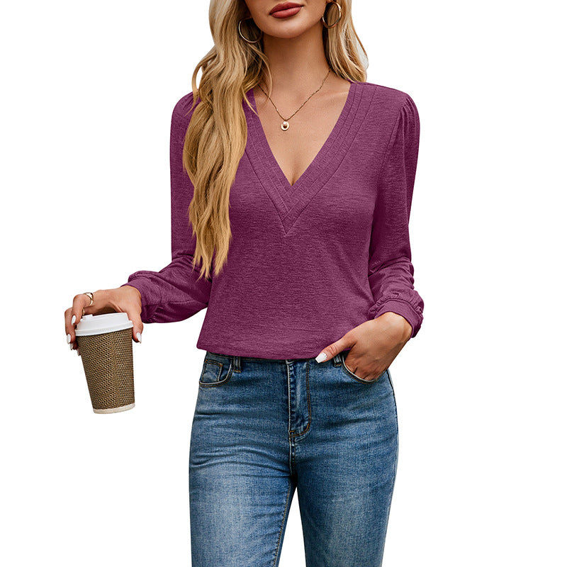 V-Neck Solid Color Long-Sleeve T-Shirt