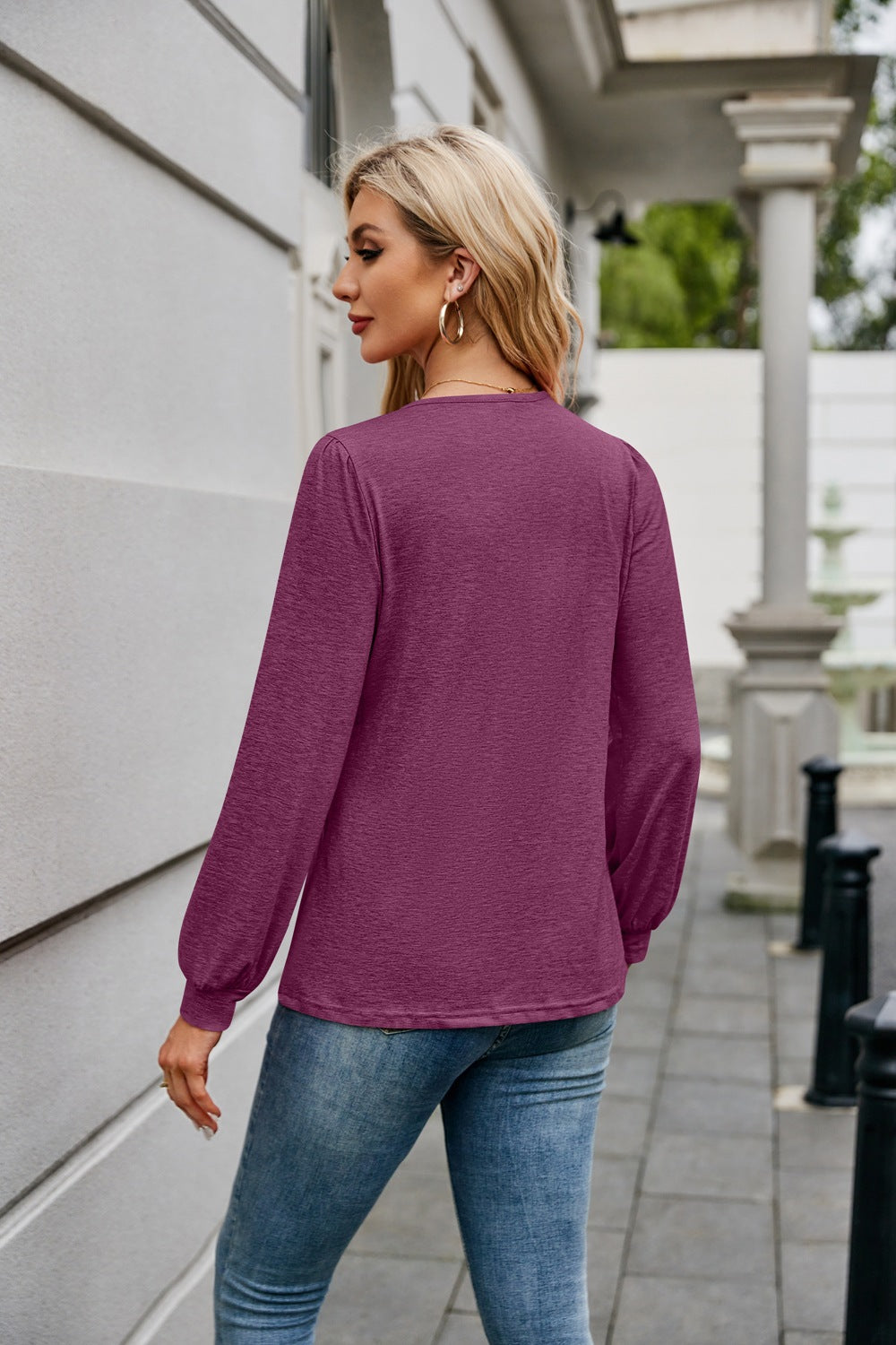 V-Neck Solid Color Long-Sleeve T-Shirt