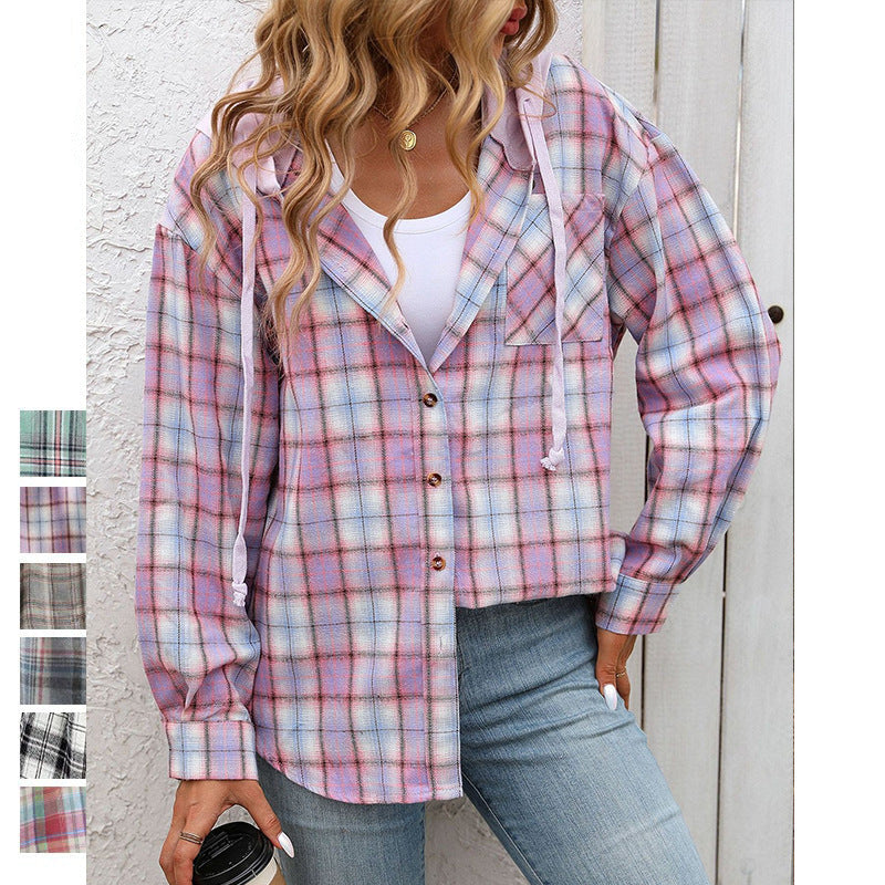 Women's Hooded Color-Blocked Plaid Jacket