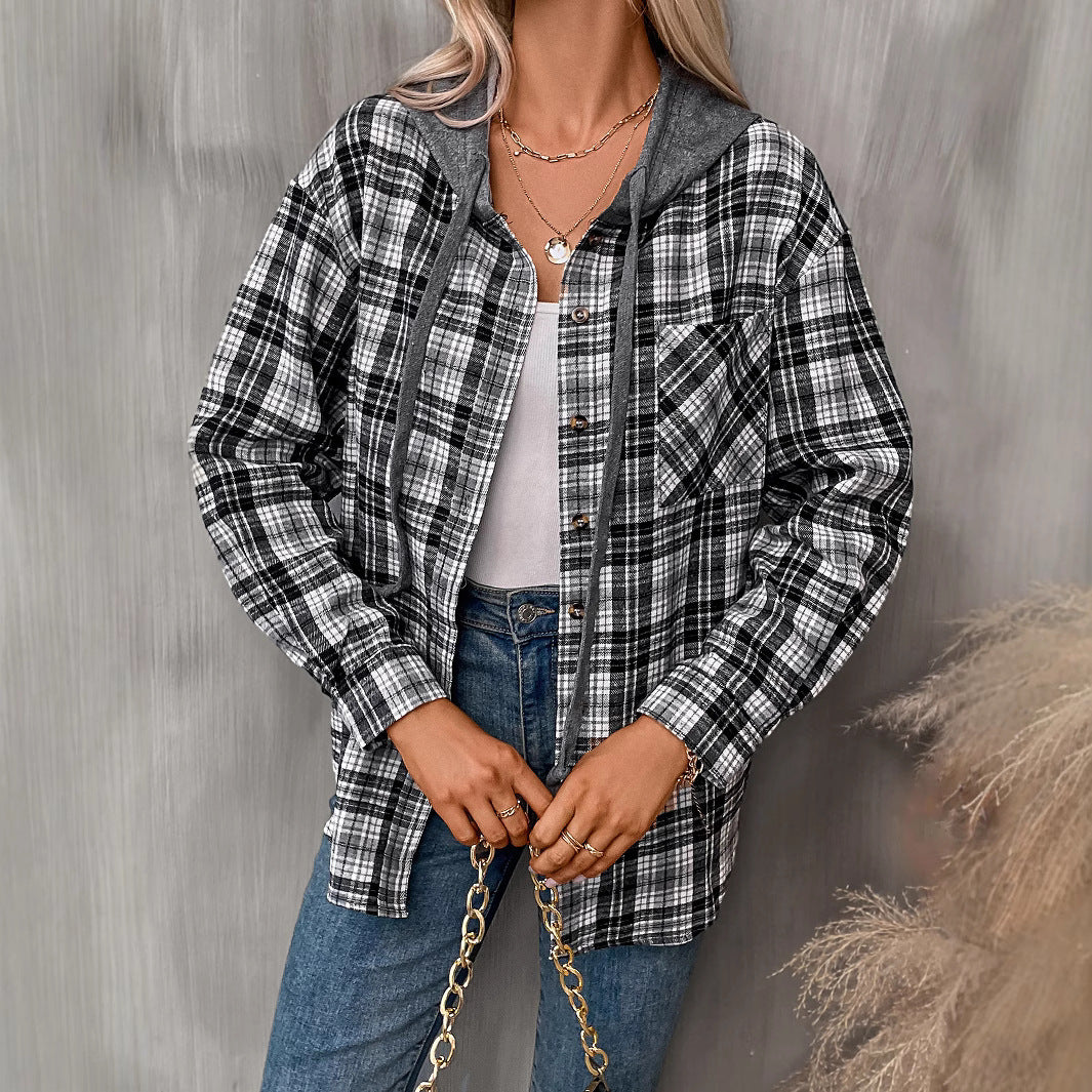 Women's Hooded Color-Blocked Plaid Jacket