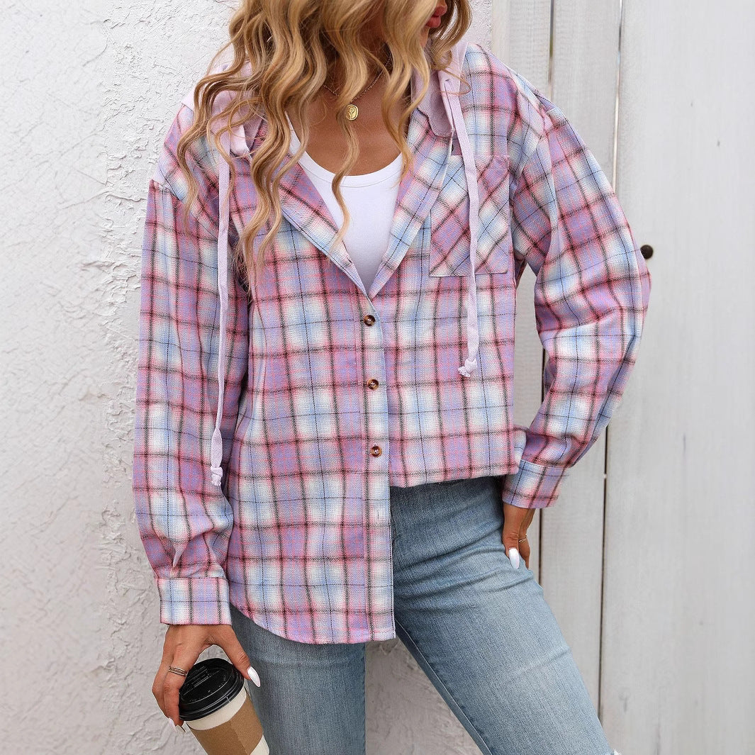 Women's Hooded Color-Blocked Plaid Jacket
