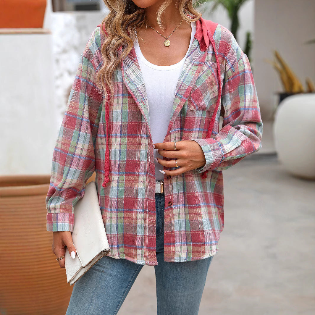 Women's Hooded Color-Blocked Plaid Jacket