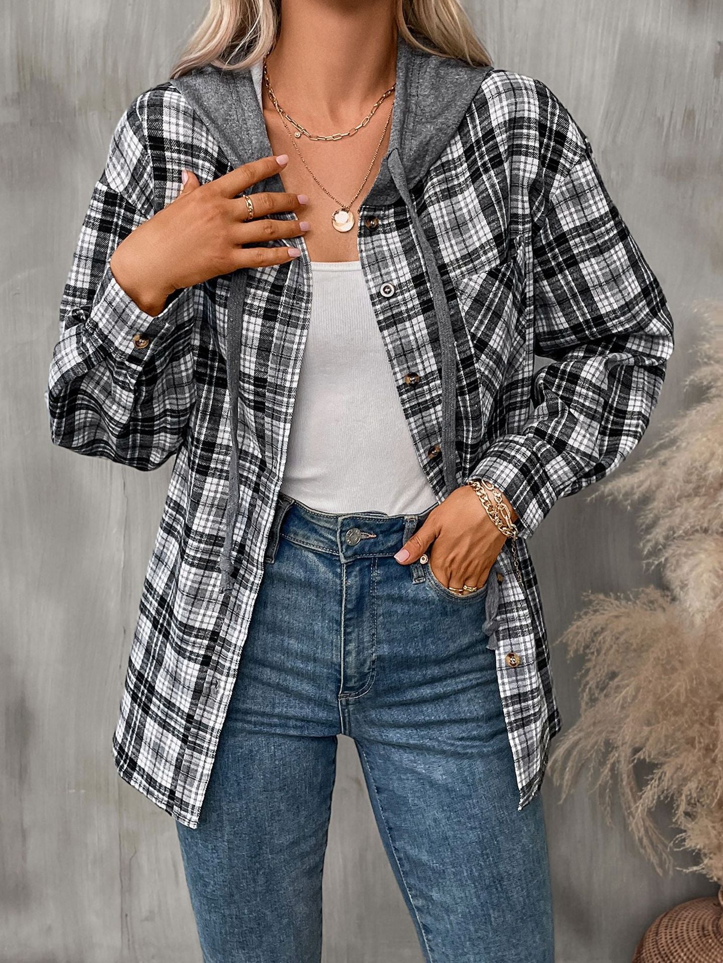 Women's Hooded Color-Blocked Plaid Jacket