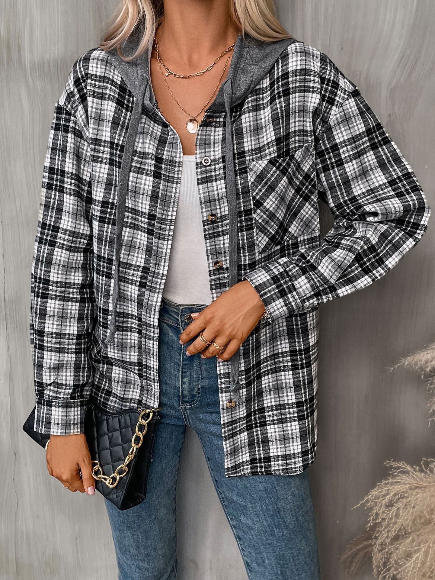 Women's Hooded Color-Blocked Plaid Jacket