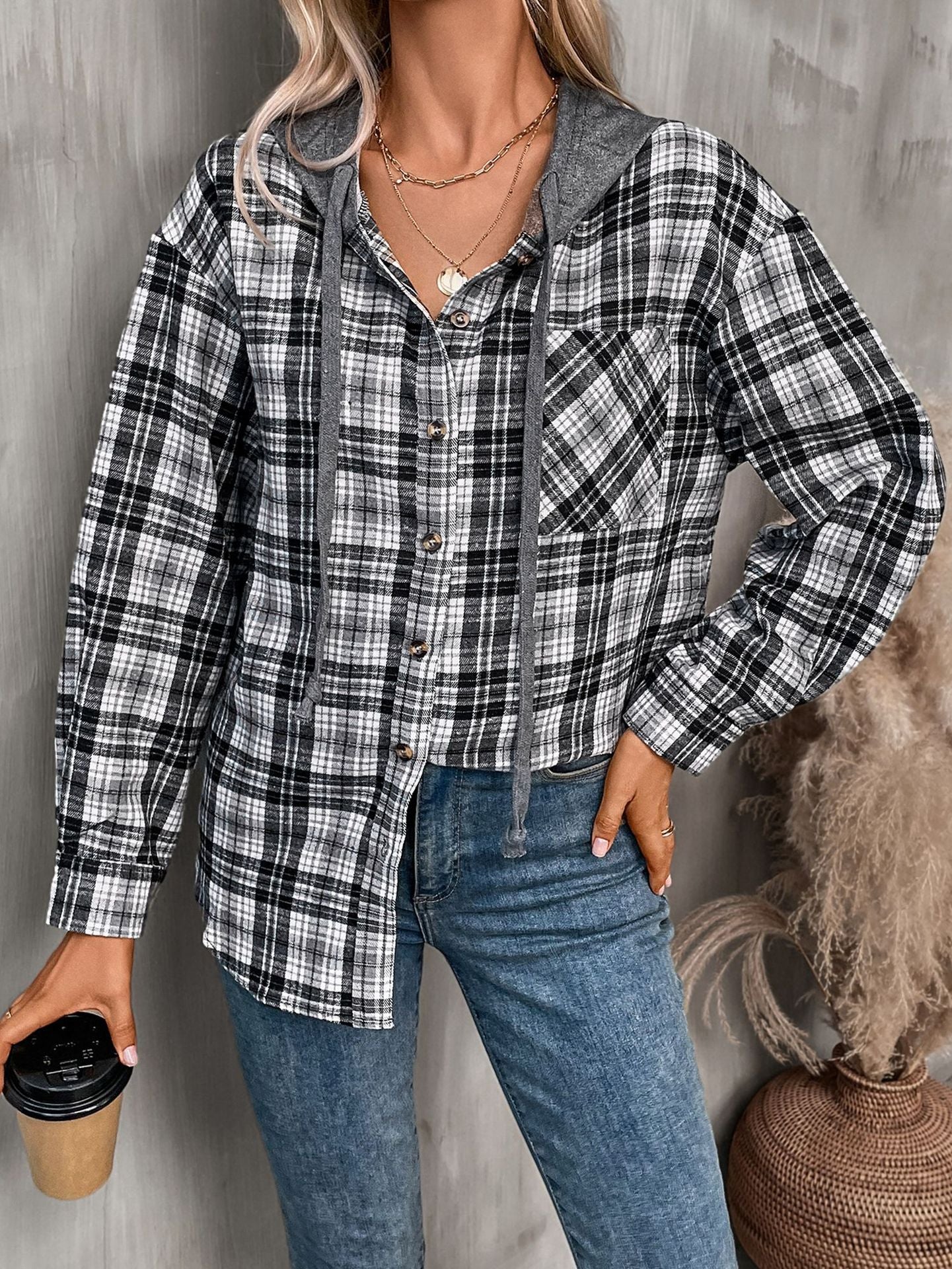 Women's Hooded Color-Blocked Plaid Jacket