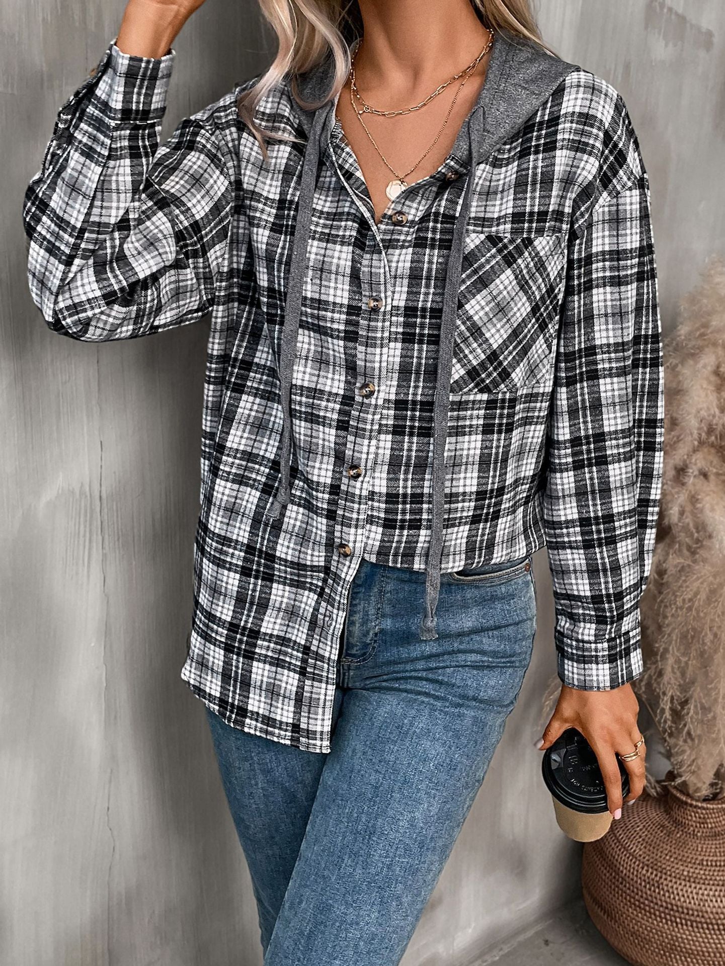 Women's Hooded Color-Blocked Plaid Jacket