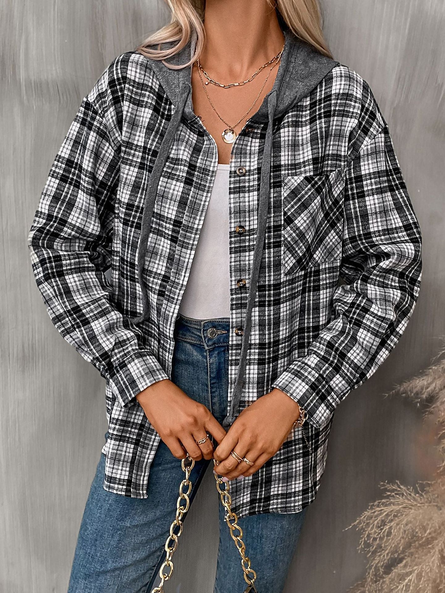 Women's Hooded Color-Blocked Plaid Jacket