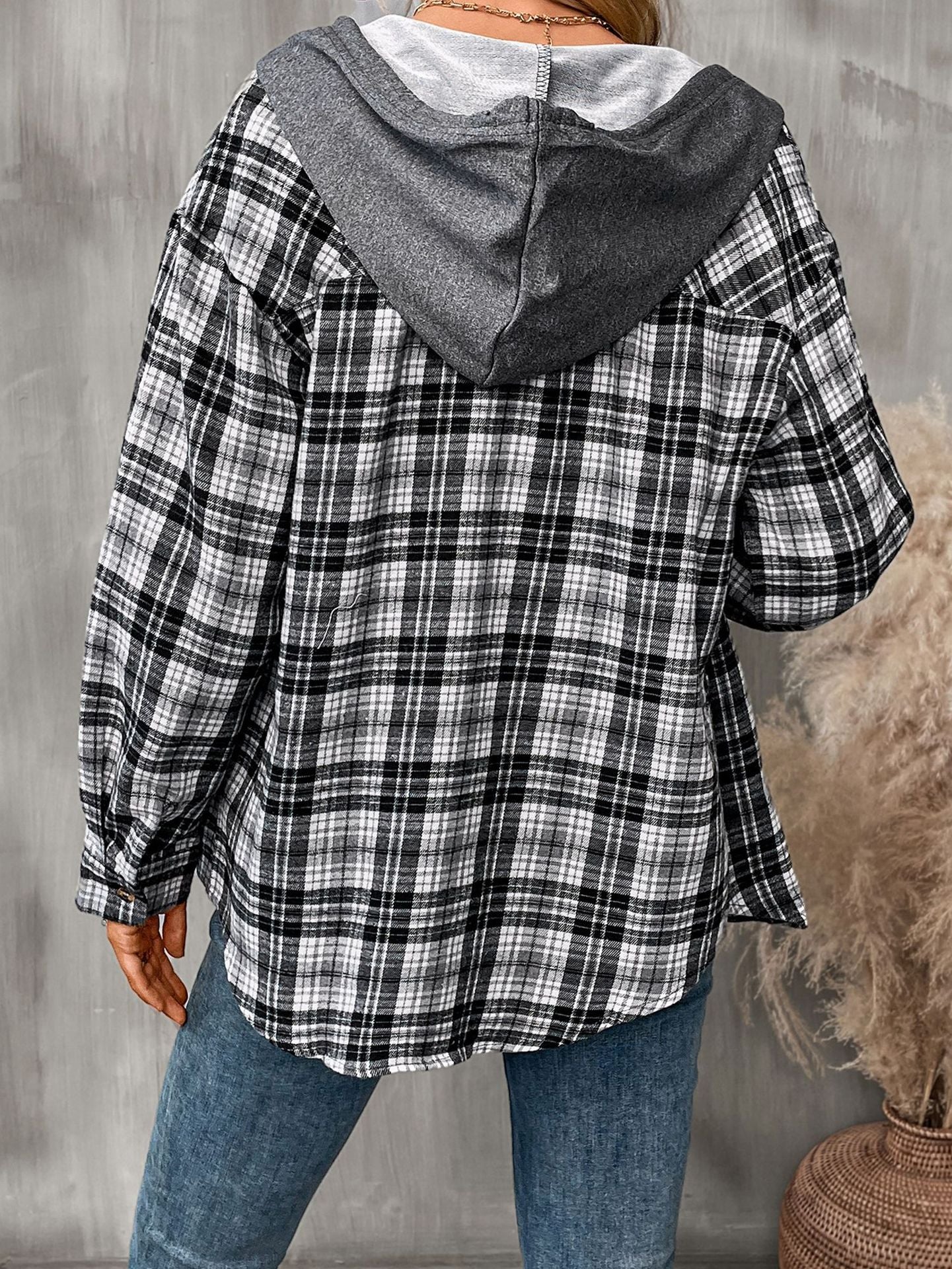Women's Hooded Color-Blocked Plaid Jacket