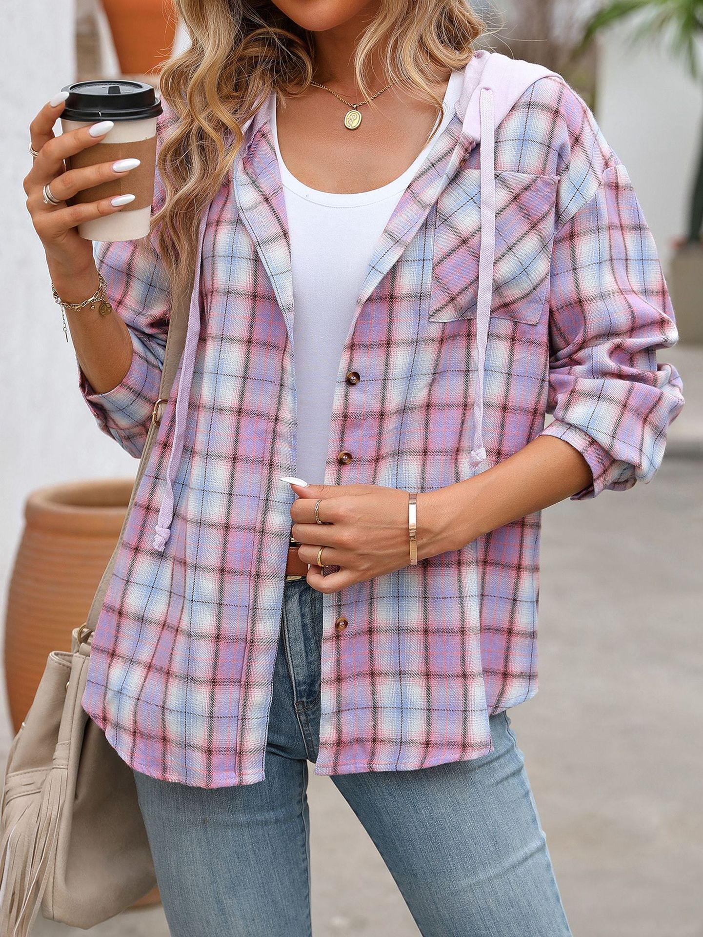 Women's Hooded Color-Blocked Plaid Jacket
