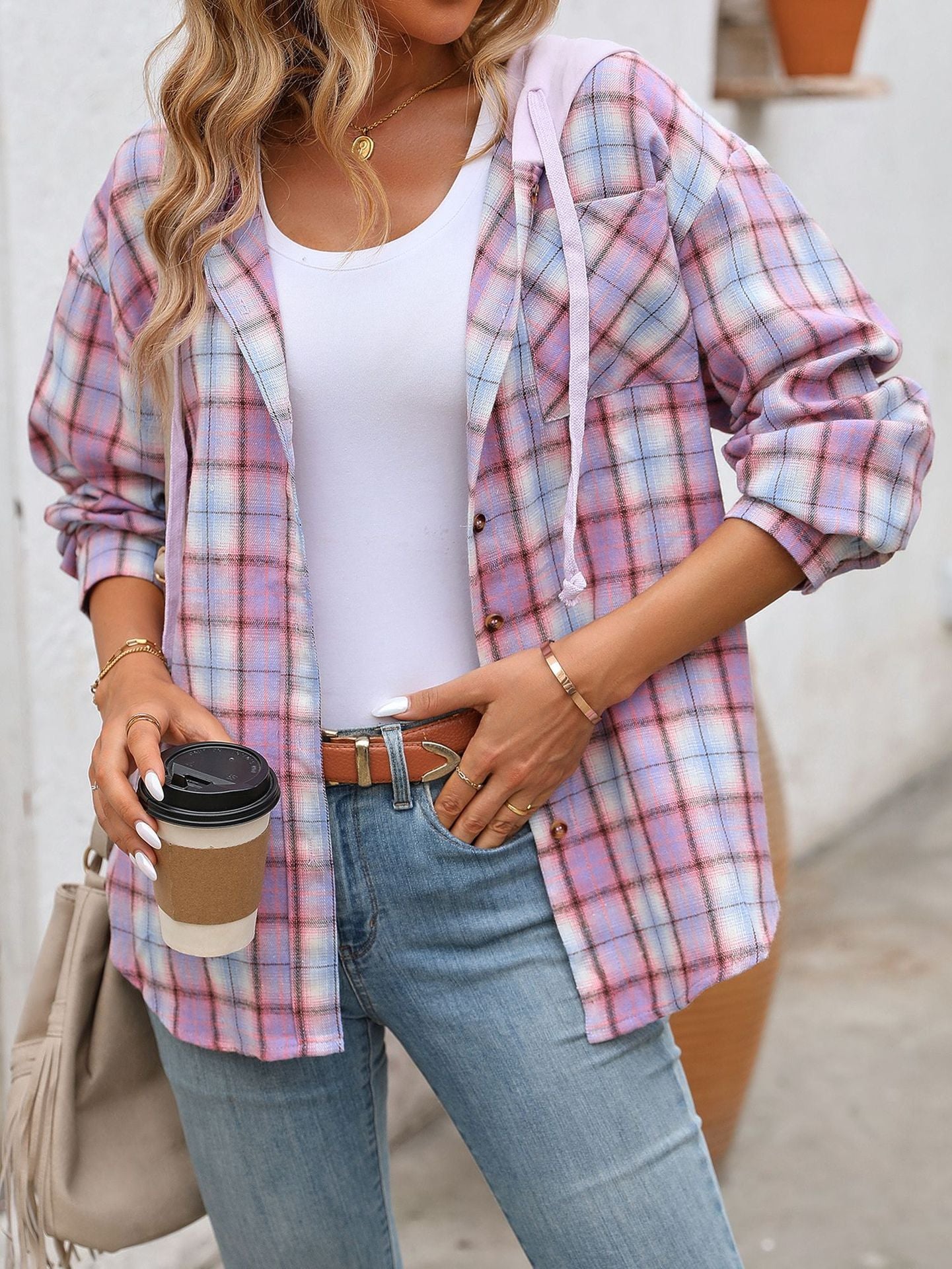 Women's Hooded Color-Blocked Plaid Jacket