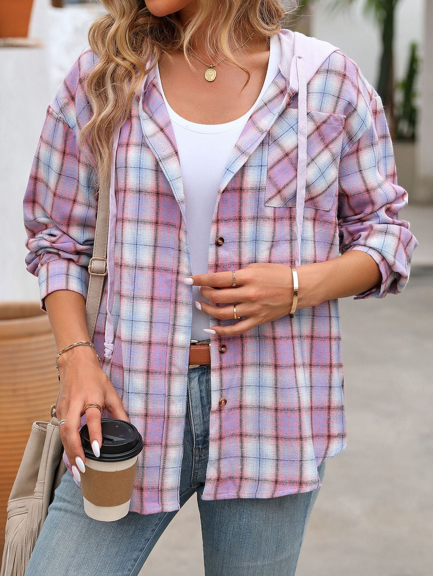 Women's Hooded Color-Blocked Plaid Jacket