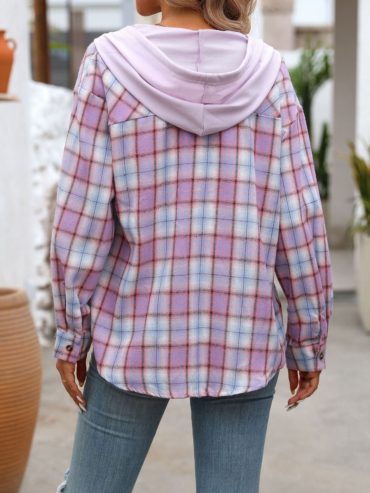 Women's Hooded Color-Blocked Plaid Jacket