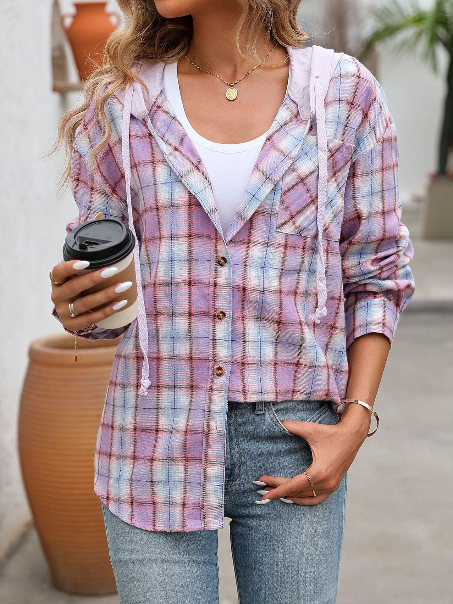 Women's Hooded Color-Blocked Plaid Jacket
