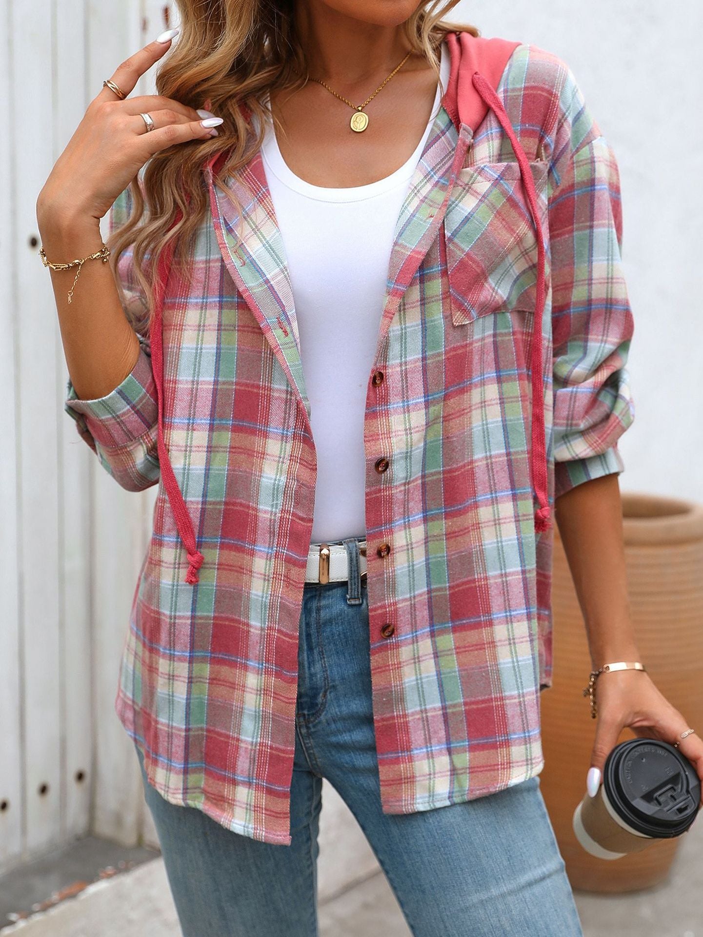 Women's Hooded Color-Blocked Plaid Jacket