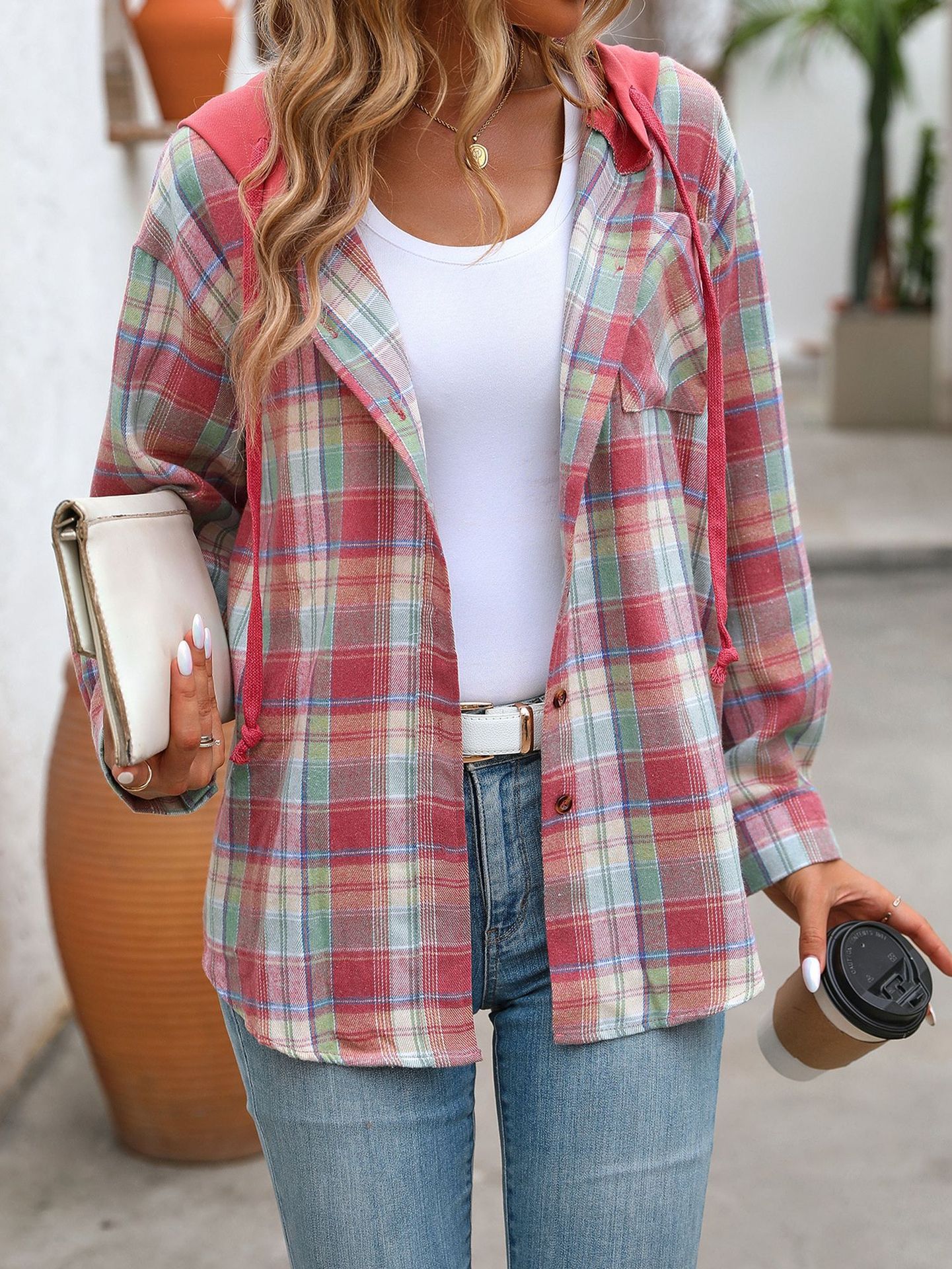 Women's Hooded Color-Blocked Plaid Jacket