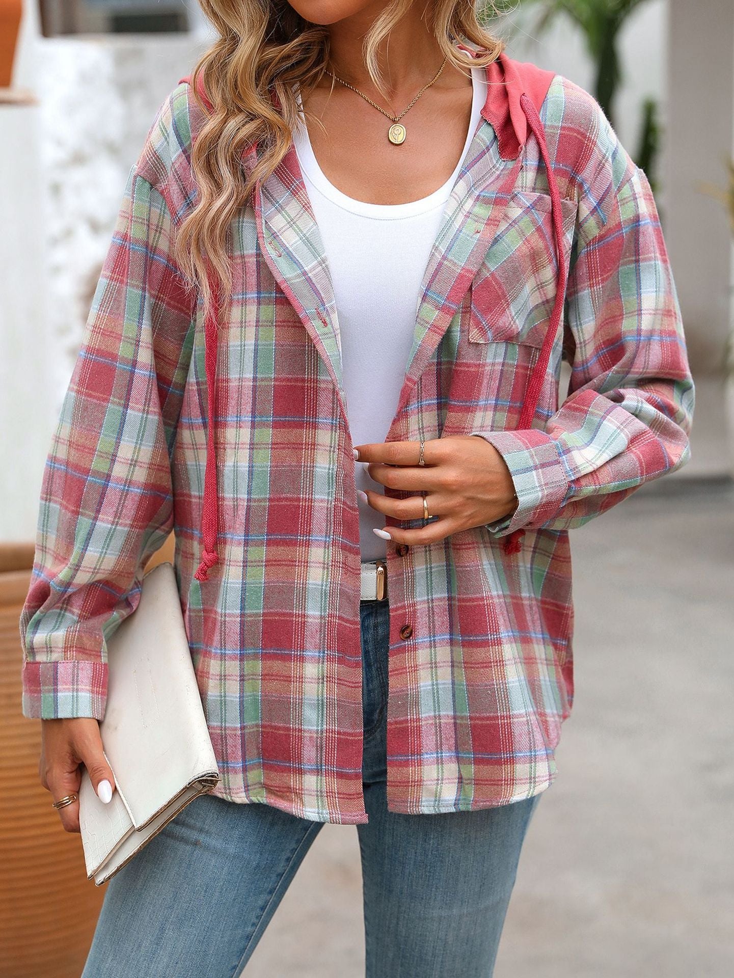 Women's Hooded Color-Blocked Plaid Jacket