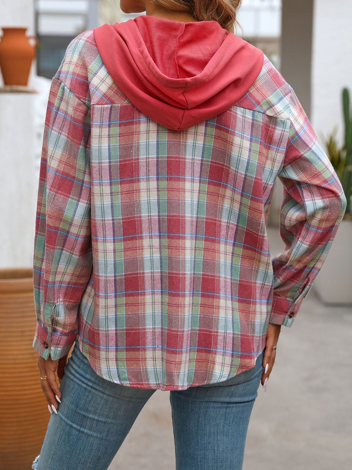 Women's Hooded Color-Blocked Plaid Jacket