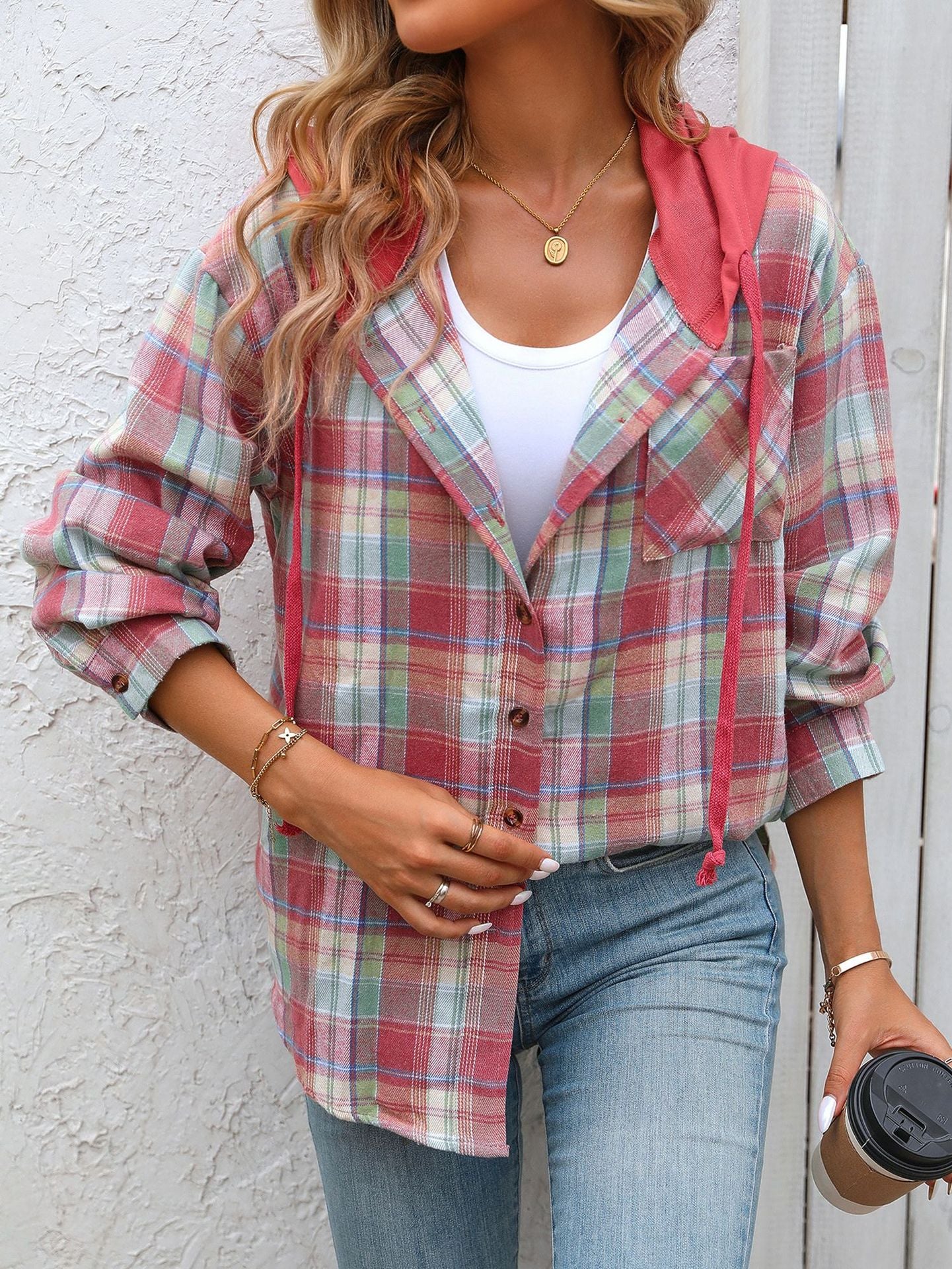 Women's Hooded Color-Blocked Plaid Jacket