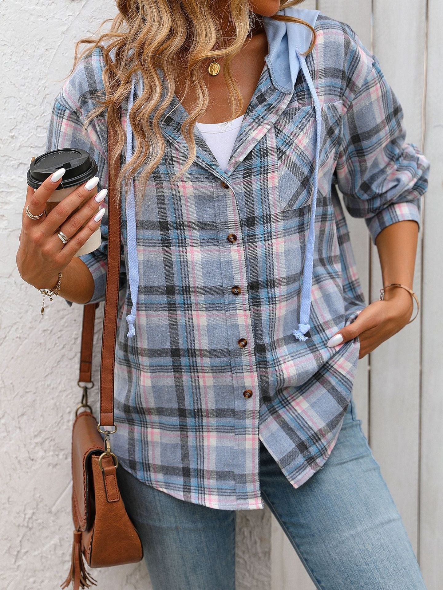 Women's Hooded Color-Blocked Plaid Jacket
