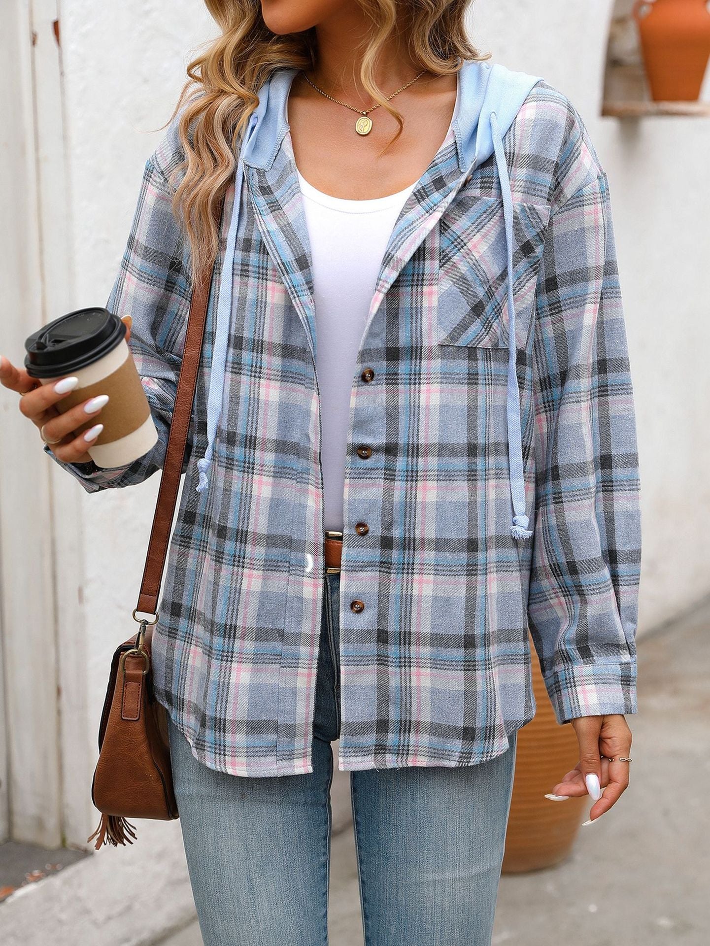 Women's Hooded Color-Blocked Plaid Jacket