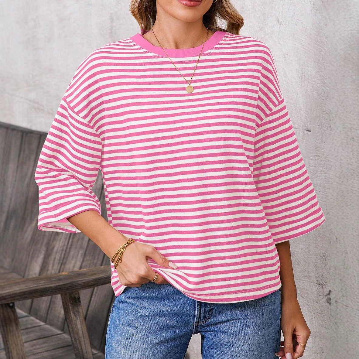 Women's Round Neck Striped Knit Top