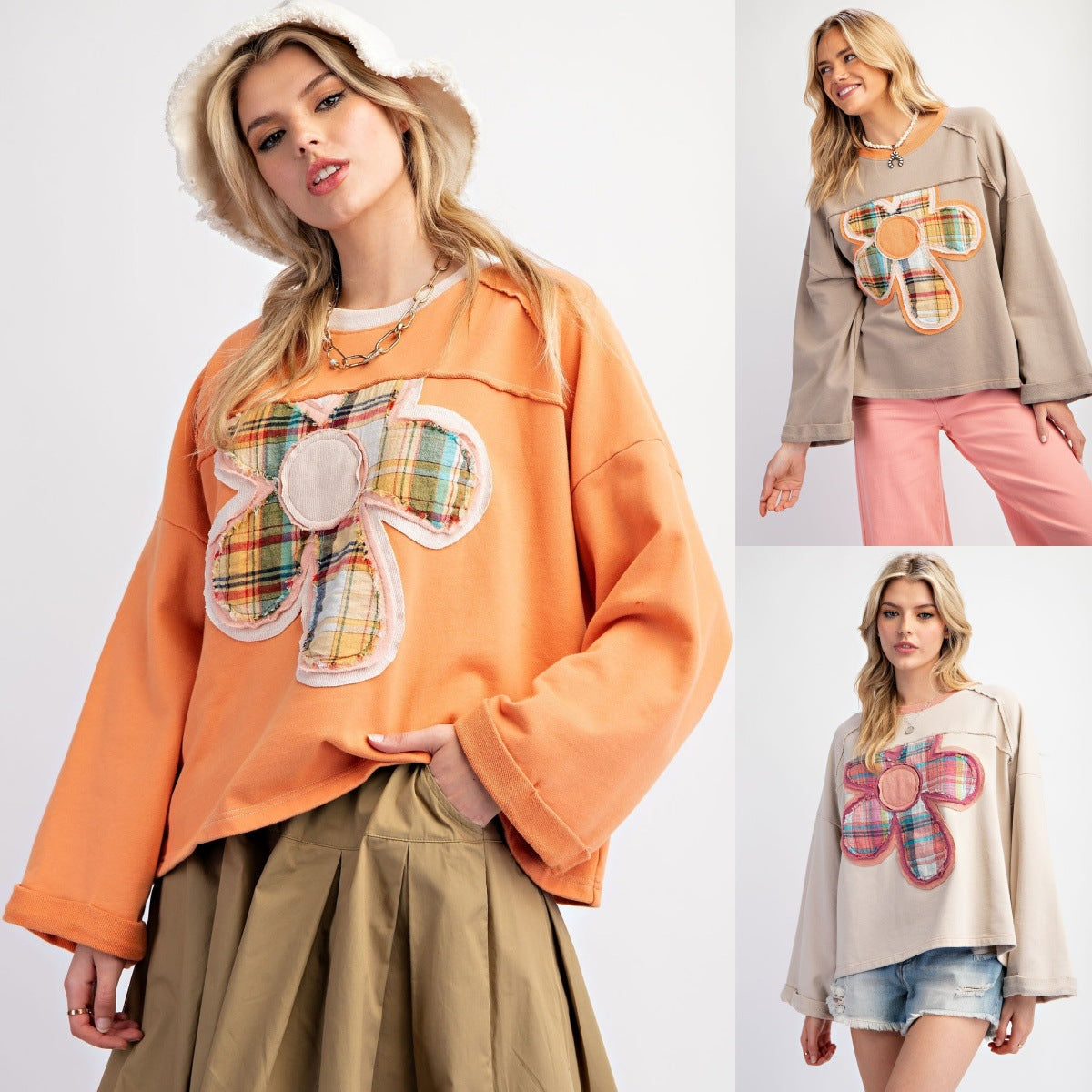 Women's Color-Blocked Floral Appliqué Sweatshirt