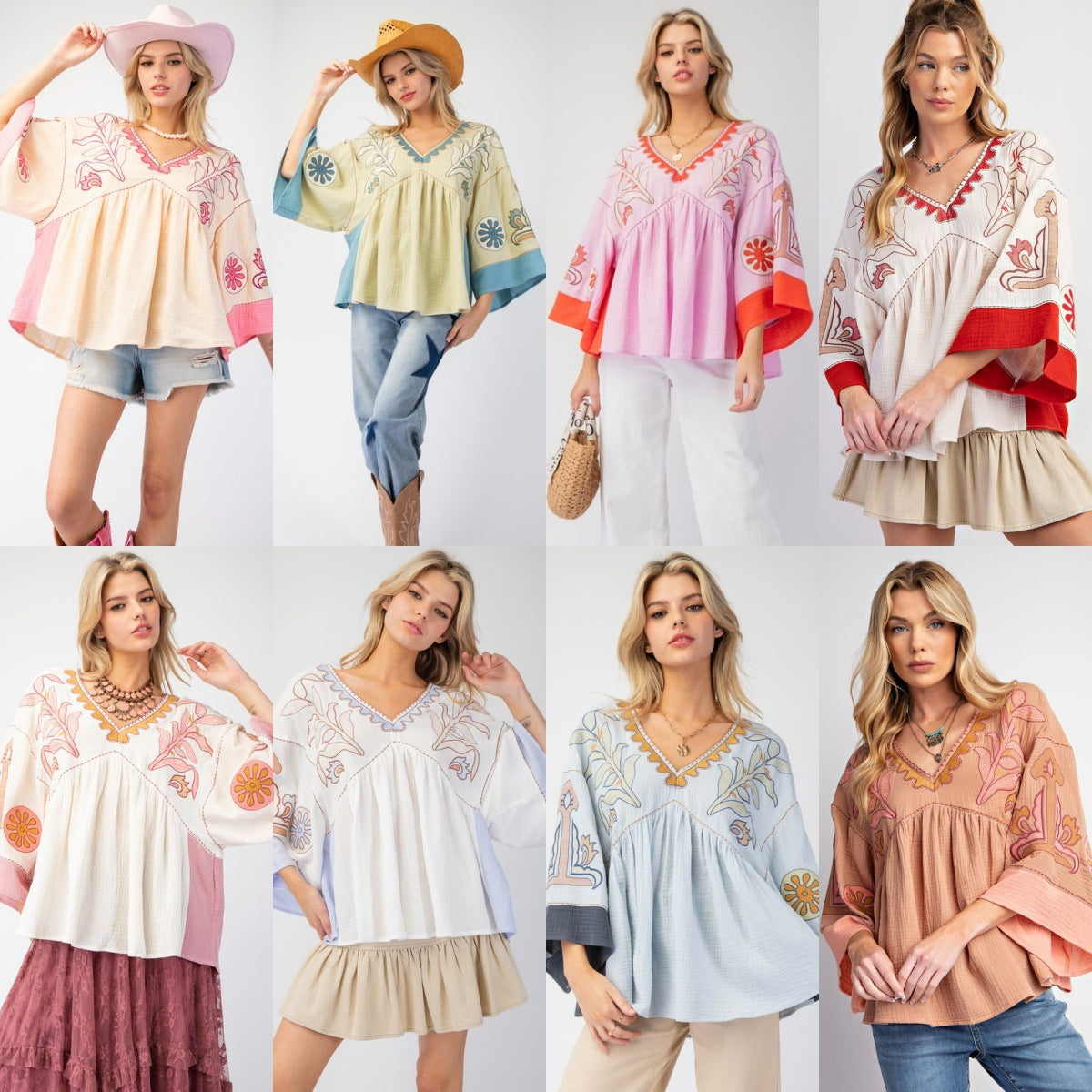 V-Neck Patchwork Bell Sleeve T-Shirt