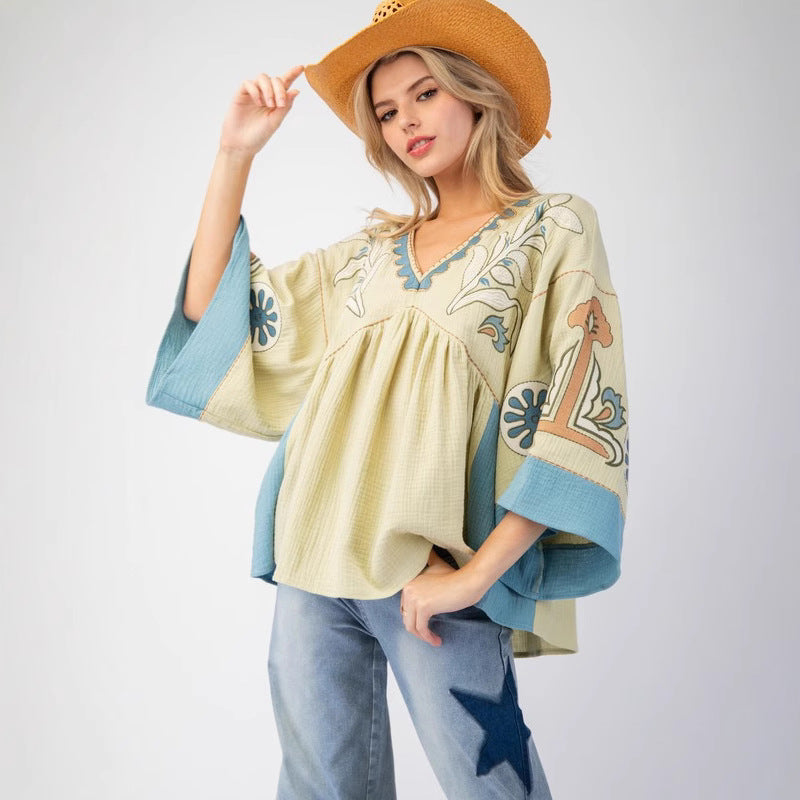 V-Neck Patchwork Bell Sleeve T-Shirt