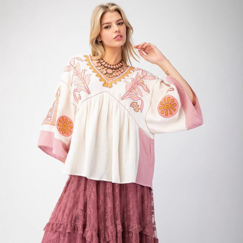 V-Neck Patchwork Bell Sleeve T-Shirt