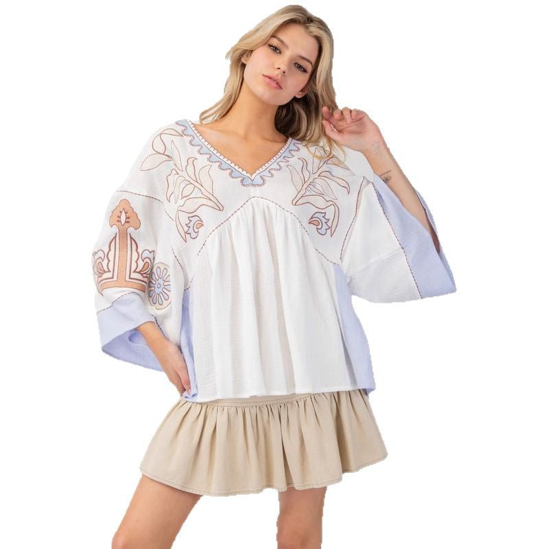 V-Neck Patchwork Bell Sleeve T-Shirt