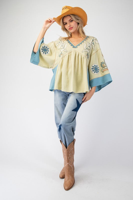 V-Neck Patchwork Bell Sleeve T-Shirt