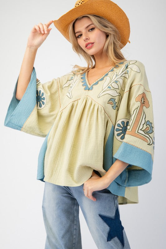 V-Neck Patchwork Bell Sleeve T-Shirt