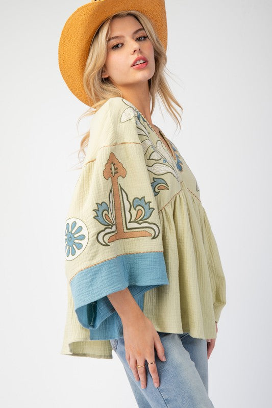 V-Neck Patchwork Bell Sleeve T-Shirt