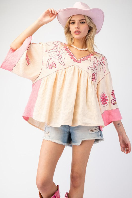 V-Neck Patchwork Bell Sleeve T-Shirt