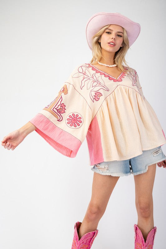V-Neck Patchwork Bell Sleeve T-Shirt